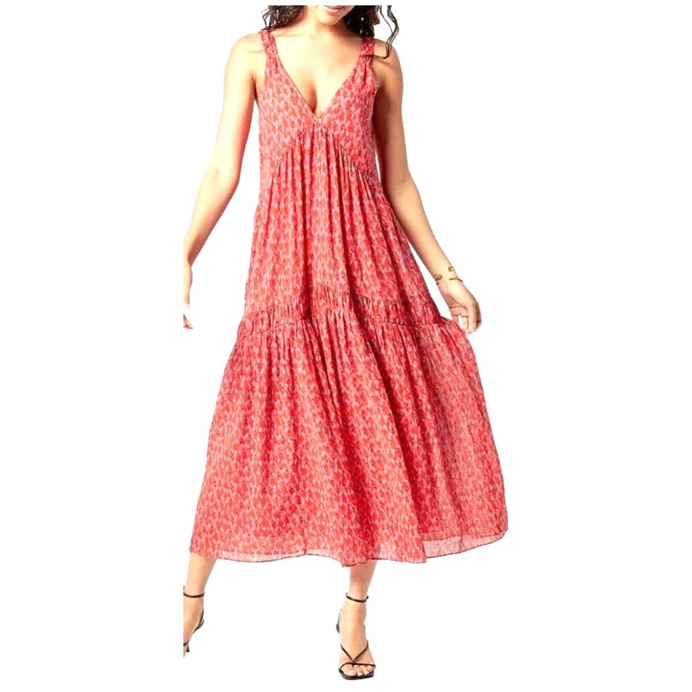 JOIE Maxi 2XL Red Ikat Tiered 100% Cotton BOHO Coastal Beach Gypsy Resort Dress